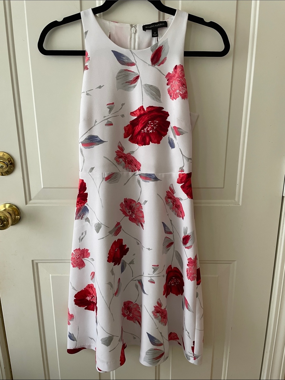 Banana Republic White Floral Midi Dress with Red & Pink Blooms